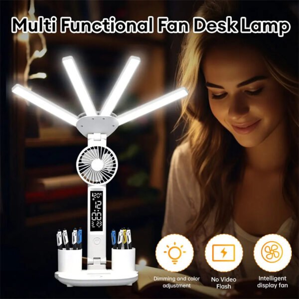 3in1 Multifunction Table Lamp LED Four-headed Folding With Fan Calendar Clock USB Rechargeable Desk Light 3 Color Reading Lamp - Image 2